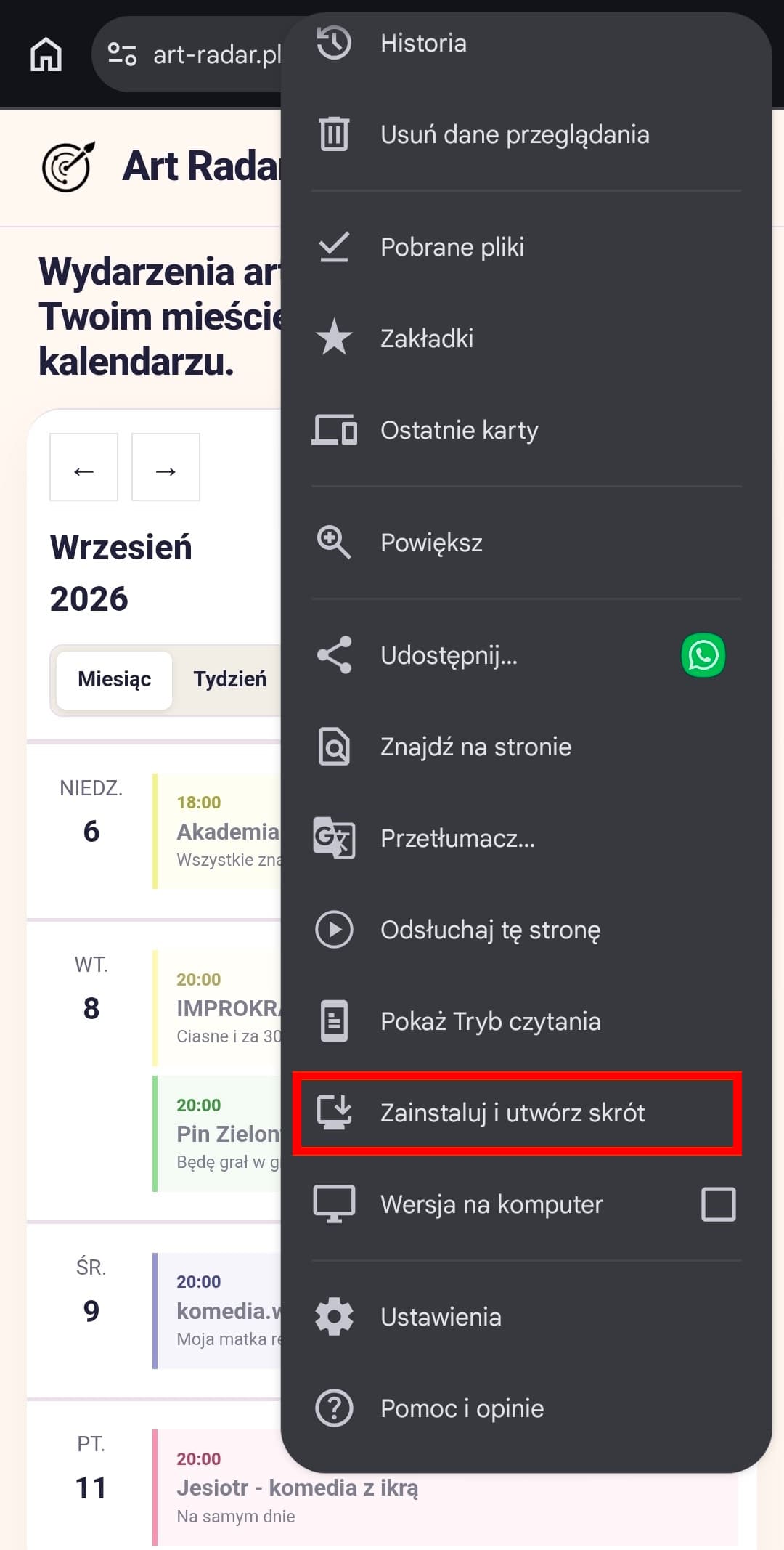 Menu Chrome na Androidzie z zaznaczoną opcją Zainstaluj i utwórz skrót
